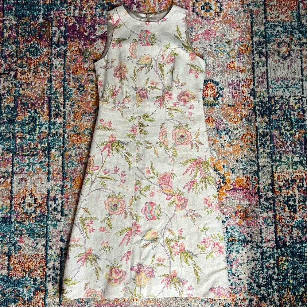 Lalage Beaumont Linen‎ Botanical Floral Print Shift Dress Professional